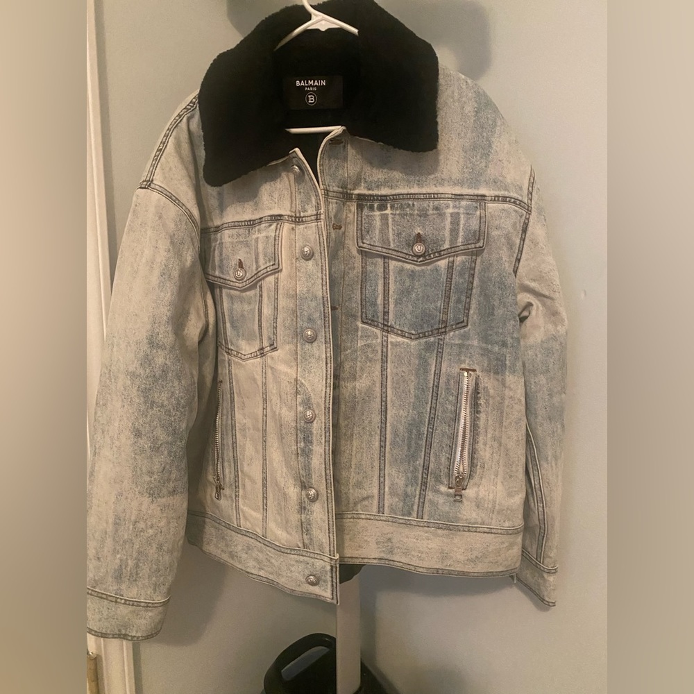 Balmain light blue jean jacket.